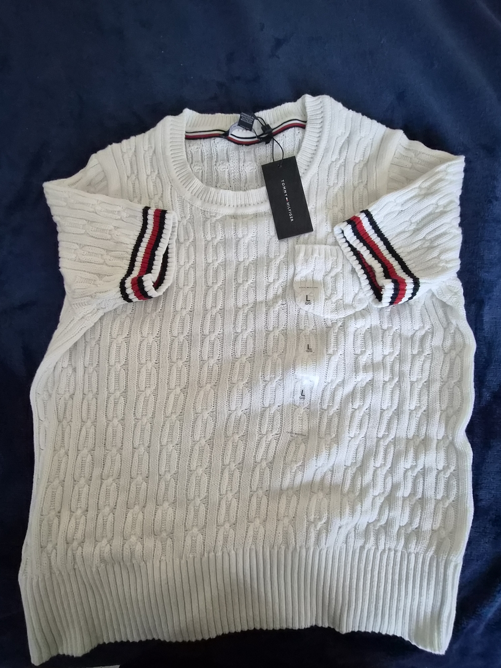 Tommy Hilfiger White Cable-Knit Short Sleeve Tennis Sweater with Red & Navy Trim
